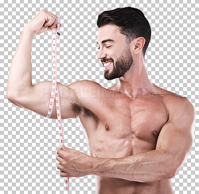 Fitness, goals or strong man with tape measure for biceps after