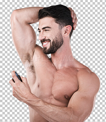 Buy stock photo Spray, armpit and man with perfume, deodorant and smile for wellness isolated on a transparent png background. Underarm hygiene, parfum and happy model with fragrance, fresh scent and body cosmetics.