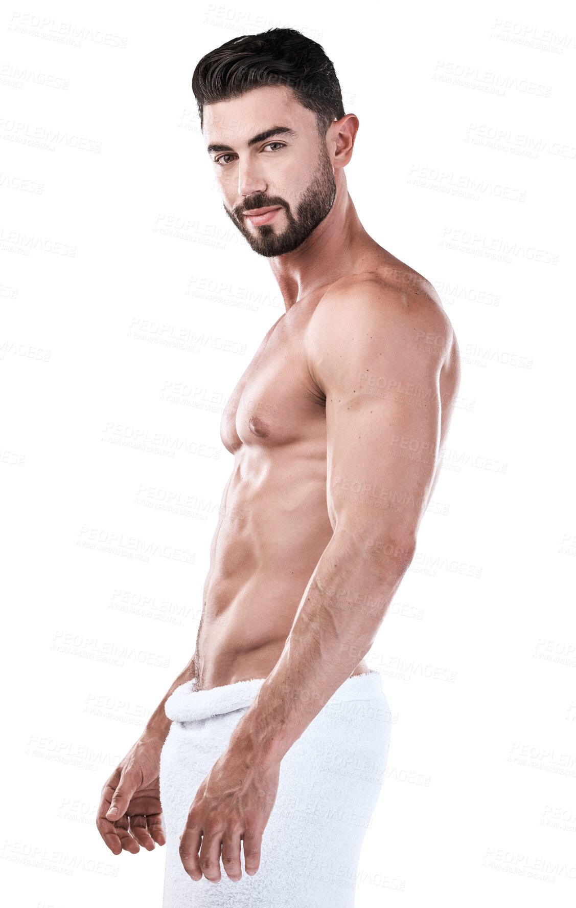 Buy stock photo Portrait man, shower and smile with towel for clean hygiene, wash or skincare isolated on a transparent png background. Handsome, young male model or person happy after cleaning or fresh grooming