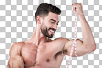 Fitness, body and strong man with tape measure for biceps for ex