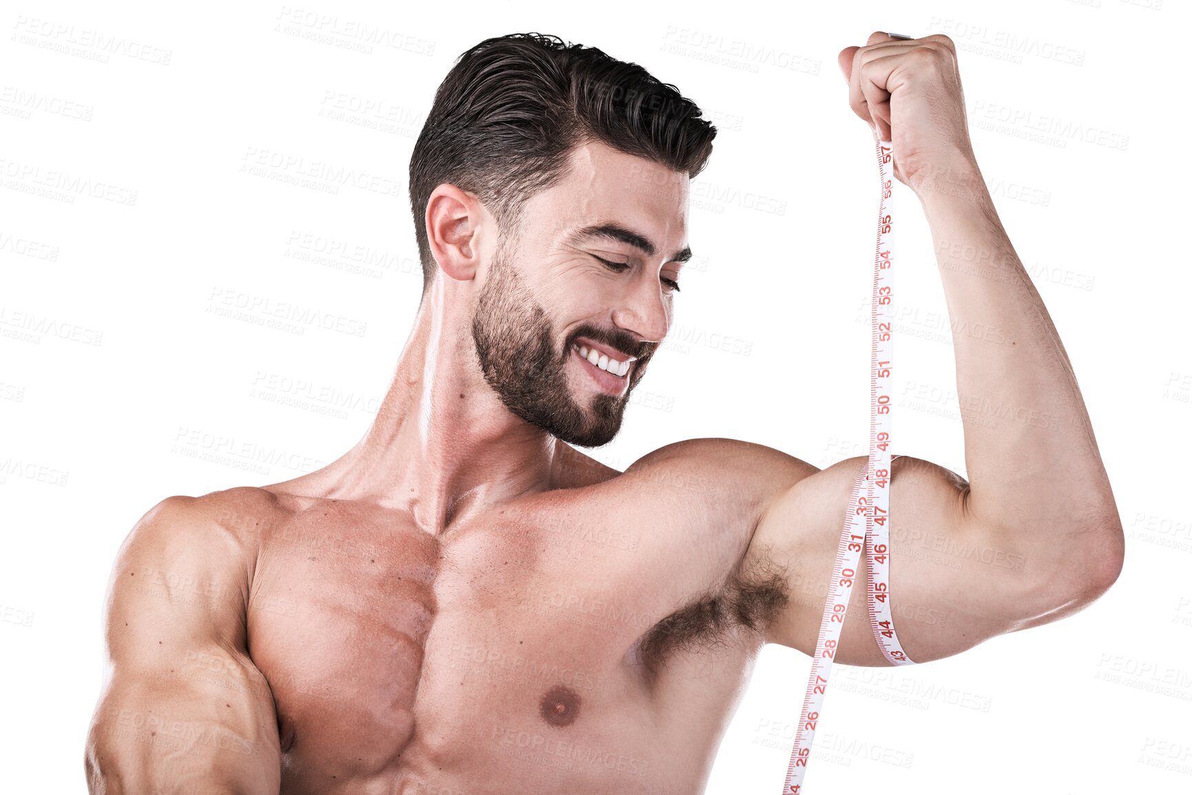 Buy stock photo Exercise, muscle and man with tape measure for biceps, body and progress isolated on png transparent background. Bodybuilder, male athlete and fitness, measuring arms and strong, happy with results