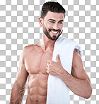 Fitness, towel and beauty man isolated on a white background for