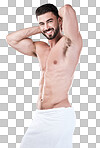 Muscular man, portrait smile and towel flexing for clean hygiene, wash or skincare isolated on gray studio background. Happy attractive male model smiling for fit body, cosmetics or fresh grooming