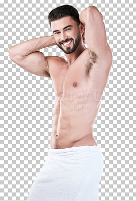 Buy stock photo Muscular man, portrait smile and towel flexing for clean hygiene, wash or skincare isolated on a transparent png background. Happy, sexy and a male model showing body after cleaning or shower