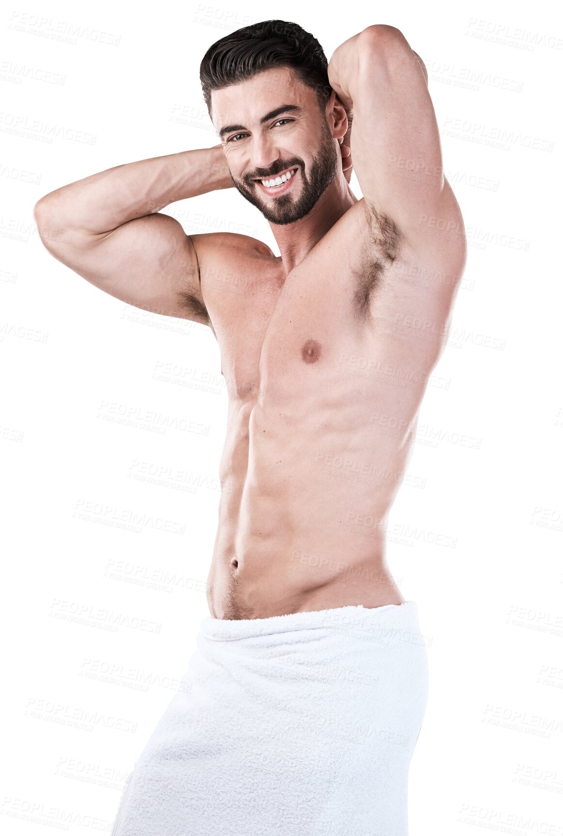 Buy stock photo Muscular man, portrait smile and towel flexing for clean hygiene, wash or skincare isolated on a transparent png background. Happy, sexy and a male model showing body after cleaning or shower