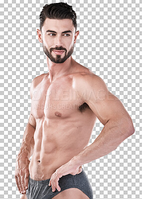 Buy stock photo Confident, bodybuilder and man with muscle, fitness and healthy athlete at gym on isolated, transparent or png background. Workout, wellness and person in underwear or sports model with strong body