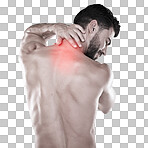 Fitness, hand or sports man with neck pain after exercise, body