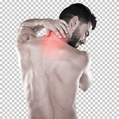 Buy stock photo Injury, back or neck pain of sports man after exercise with body, anatomy or muscle strain. Red glow, health problem or shirtless male with stress and burnout isolated on transparent, png background