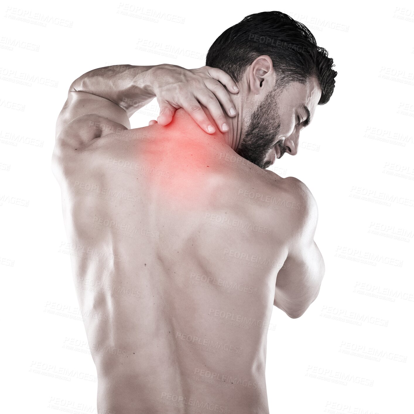 Buy stock photo Injury, back or neck pain of sports man after exercise with body, anatomy or muscle strain. Red glow, health problem or shirtless male with stress and burnout isolated on transparent, png background