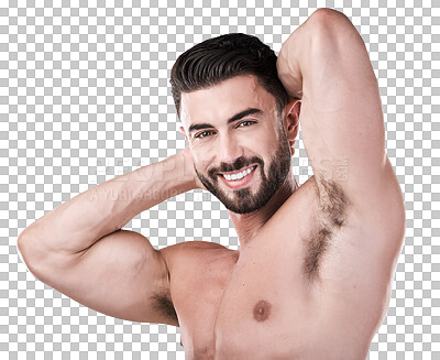 Buy stock photo Arm muscle, man and portrait with a smile, health and fitness isolated on a transparent png background. Flexing, bodybuilder and biceps, wellness and strong body with exercise results and progress 