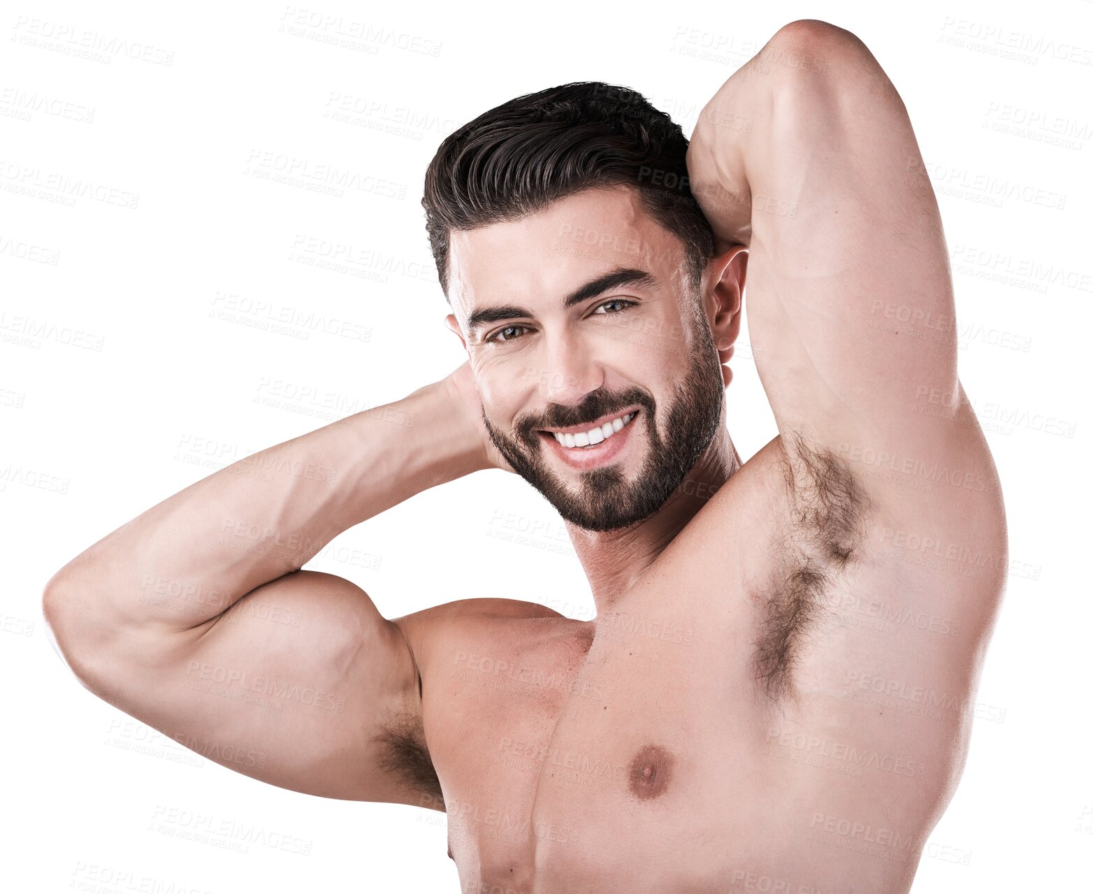 Buy stock photo Arm muscle, man and portrait with a smile, health and fitness isolated on a transparent png background. Flexing, bodybuilder and biceps, wellness and strong body with exercise results and progress 