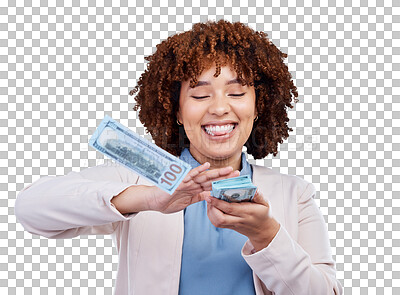 Buy stock photo Woman throw cash from hands isolated on transparent png background in winning, wealth success or financial freedom. Excited african person or winner payment, money rain or bonus, cashback and lottery