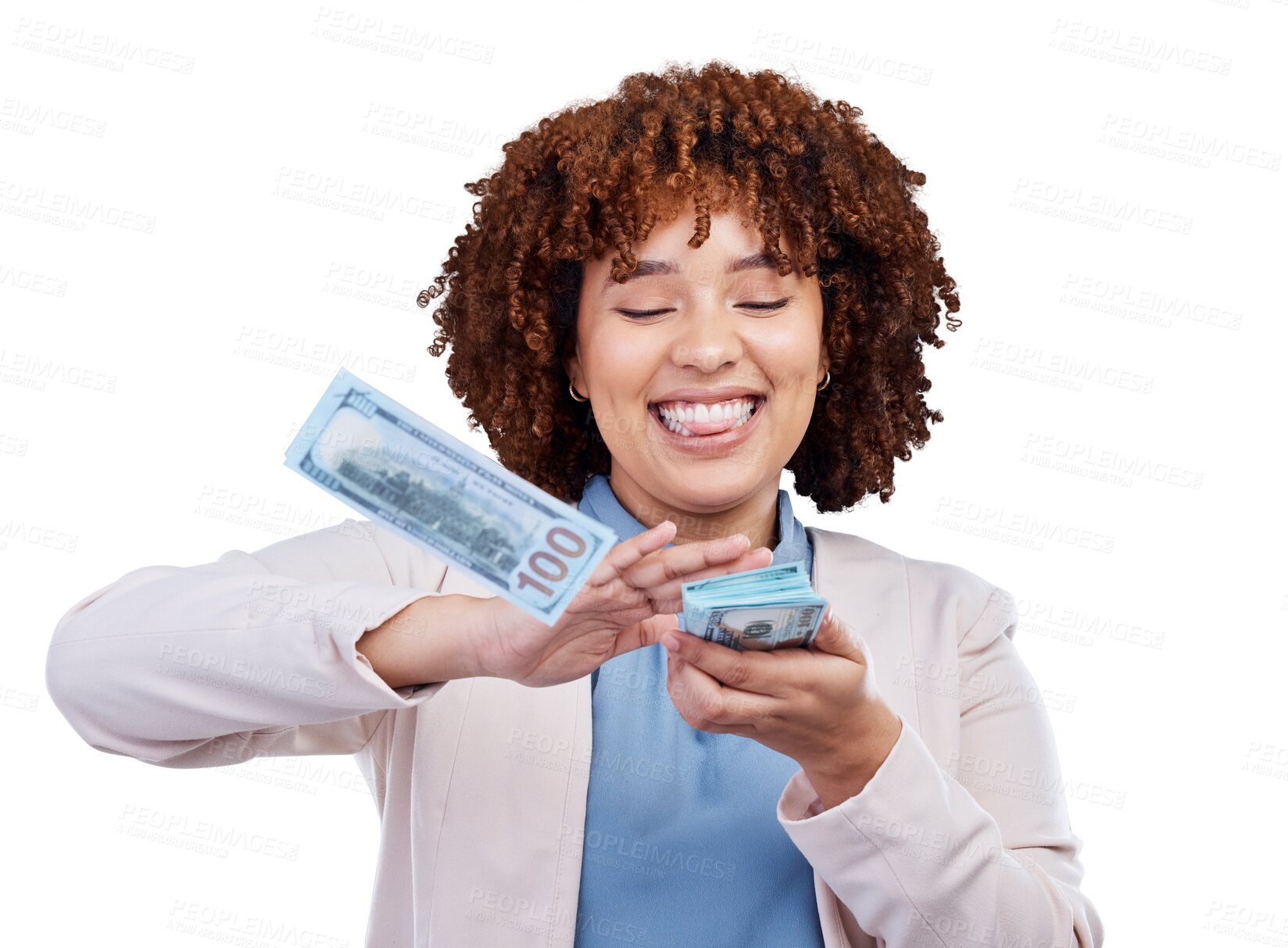 Buy stock photo Woman throw cash from hands isolated on transparent png background in winning, wealth success or financial freedom. Excited african person or winner payment, money rain or bonus, cashback and lottery