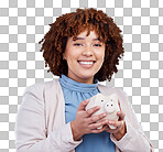 Piggy bank, finance portrait and woman isolated on transparent, png background for savings or investment. African business person for budget, financial management and money safe, banking or security