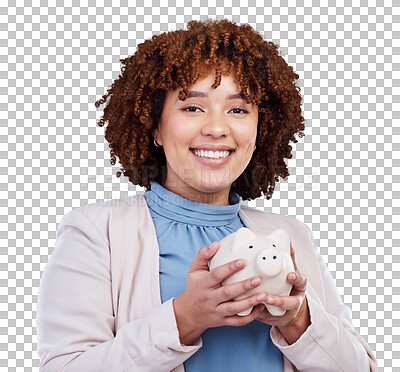 Buy stock photo Piggy bank, finance portrait and woman isolated on transparent, png background for savings or investment. African business person for budget, financial management and money safe, banking or security