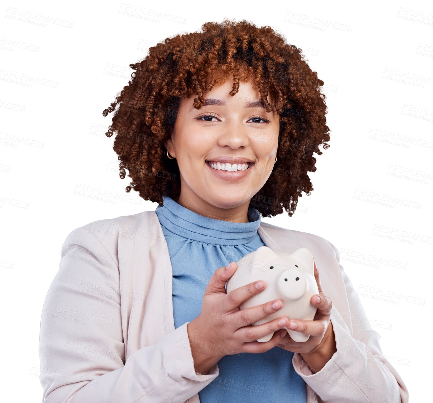 Buy stock photo Piggy bank, finance portrait and woman isolated on transparent, png background for savings or investment. African business person for budget, financial management and money safe, banking or security