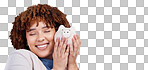 Smile, excited and woman with a piggy bank, finance and budget isolated on a transparent background. Female person, investing profit or model with happiness, savings and future wealth with wow or png