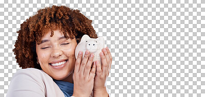 Buy stock photo Smile, excited and woman with a piggy bank, finance and budget isolated on a transparent background. Female person, investing profit or model with happiness, savings and future wealth with wow or png