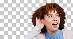 Listening, ear and African woman with secret, gossip or hearing an announcement on isolated, transparent or png background. Ears, hear and person to listen to news, offer or promotion of information