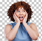 Wow, surprise and african woman isolated on a white background i