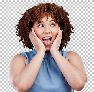 Buy stock photo Surprise, hands on face and African woman with secret, gossip or hearing an announcement on isolated, transparent or png background. Shock, girl and person to listen to news, offer or promotion