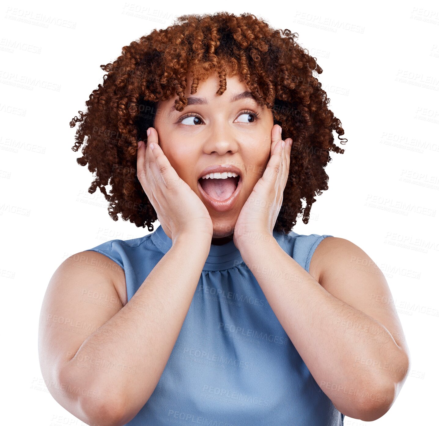 Buy stock photo Surprise, hands on face and African woman with secret, gossip or hearing an announcement on isolated, transparent or png background. Shock, girl and person to listen to news, offer or promotion