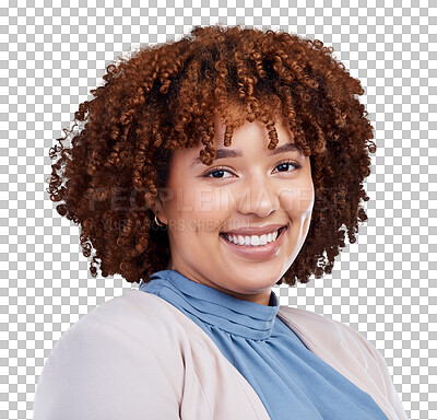 Buy stock photo Happy woman, face and portrait smile with afro in confidence for career ambition or style. Confident female person with curly hair, teeth and stylish fashion isolated on a transparent PNG background