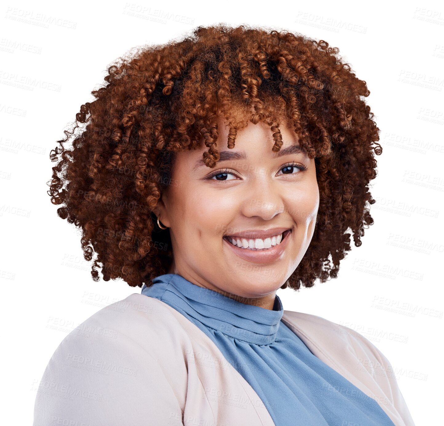 Buy stock photo Happy woman, face and portrait smile with afro in confidence for career ambition or style. Confident female person with curly hair, teeth and stylish fashion isolated on a transparent PNG background