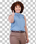 Happy, thumbs up and portrait of woman isolated on a white backg