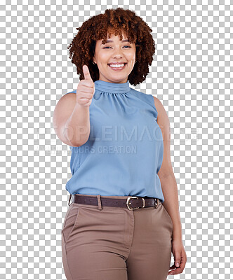 Buy stock photo Thumbs up, portrait and business woman isolated on transparent, png background with success, winning and like. Winner, african person or model yes, thank you and good job or subscribe emoji and hand