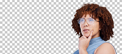 Buy stock photo Business woman, thinking face with decision and choice, future and inspiration isolated on png transparent background. Professional ideas, vision and female employee with career mindset and goals