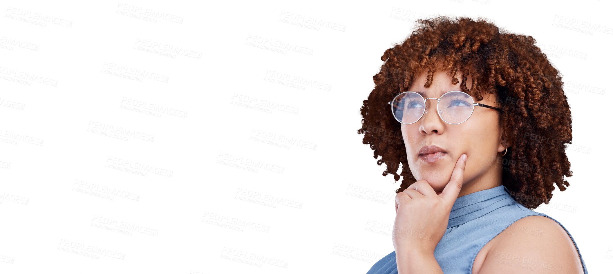 Buy stock photo Business woman, thinking face with decision and choice, future and inspiration isolated on png transparent background. Professional ideas, vision and female employee with career mindset and goals