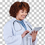 Tablet, doctor or african woman isolated on a white background f