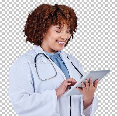 Buy stock photo Tablet, research and doctor or woman isolated on transparent, png background for healthcare management. African medical person typing on digital technology, telehealth service and paperless software