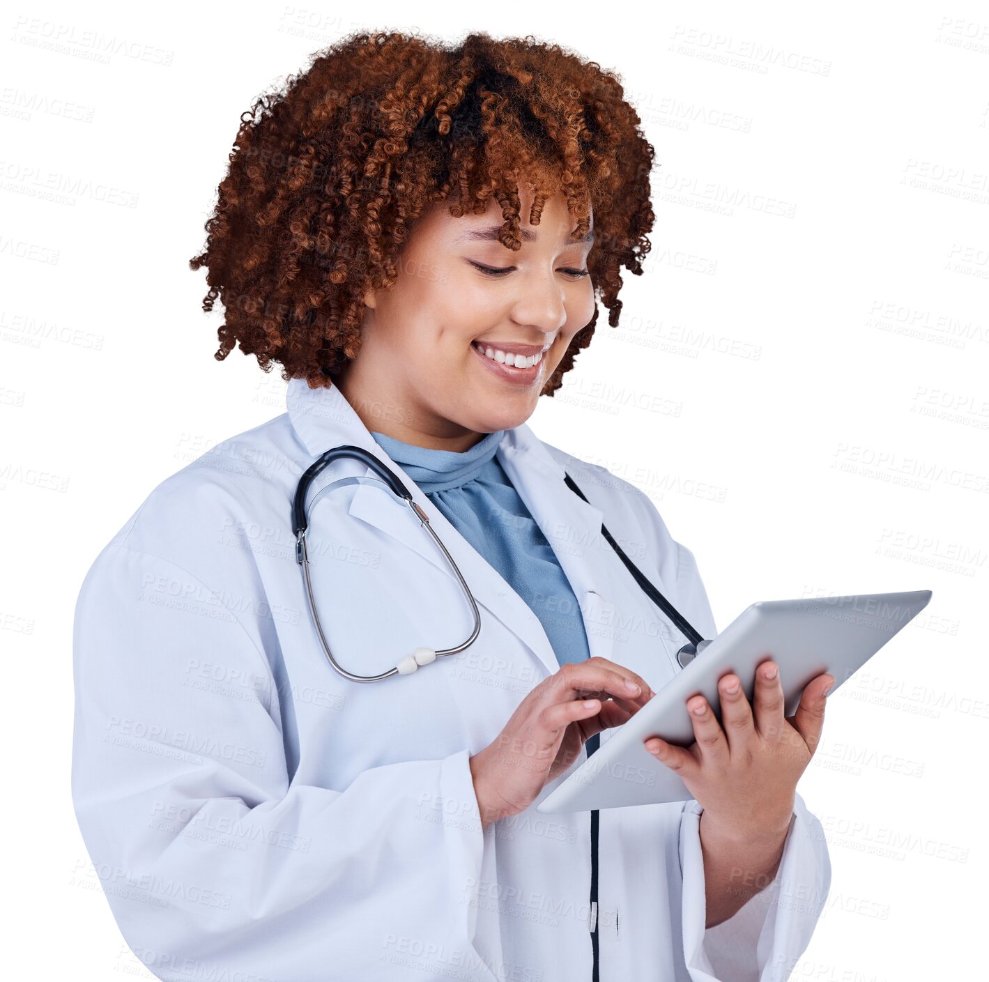 Buy stock photo Tablet, research and doctor or woman isolated on transparent, png background for healthcare management. African medical person typing on digital technology, telehealth service and paperless software