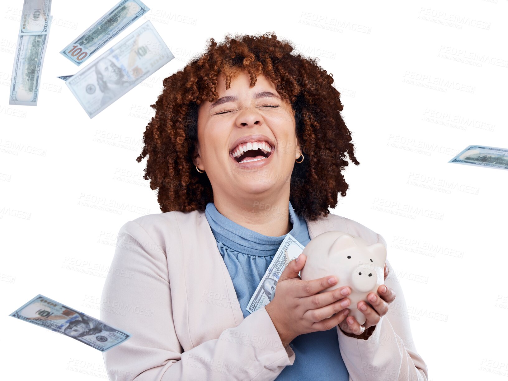 Buy stock photo Piggy bank, money rain and woman excited for savings, financial freedom or investment winner. Happy African business person in budget, banking and money in air isolated on transparent, png background