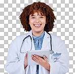 Tablet, doctor portrait and woman isolated on a white background