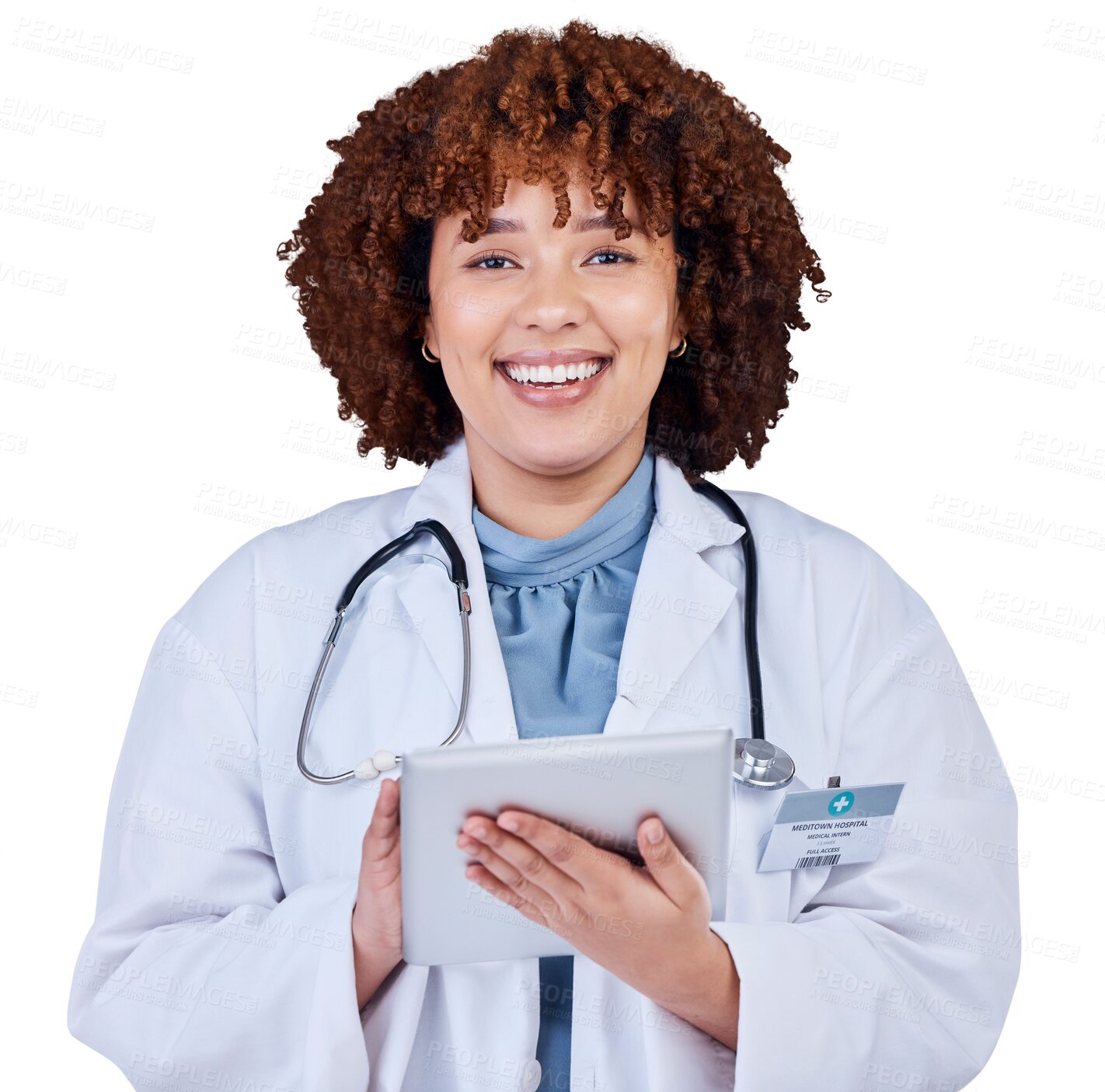 Buy stock photo Tablet, portrait and doctor or happy woman isolated on transparent, png background in healthcare management. Face of african person in medical research, telehealth service or digital tech or software