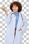 Medical, doctor and health with woman and apple on png for wellness, nutrition and diet. Medicine, healthcare and food with person and fruit isolated on transparent background for vegan and detox