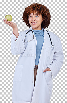 Buy stock photo Medical, doctor and health with woman and apple on png for wellness, nutrition and diet. Medicine, healthcare and food with person and fruit isolated on transparent background for vegan and detox