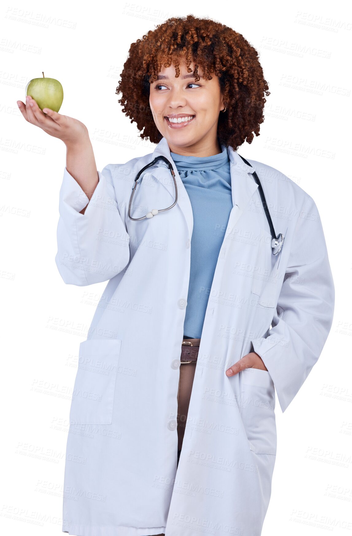 Buy stock photo Medical, doctor and health with woman and apple on png for wellness, nutrition and diet. Medicine, healthcare and food with person and fruit isolated on transparent background for vegan and detox