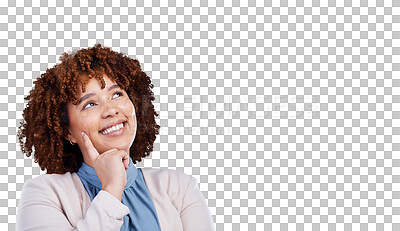 Buy stock photo Business woman, happy and thinking, dream and inspiration with future isolated on png transparent background. Professional ideas, vision and success, female employee and career mindset with goals