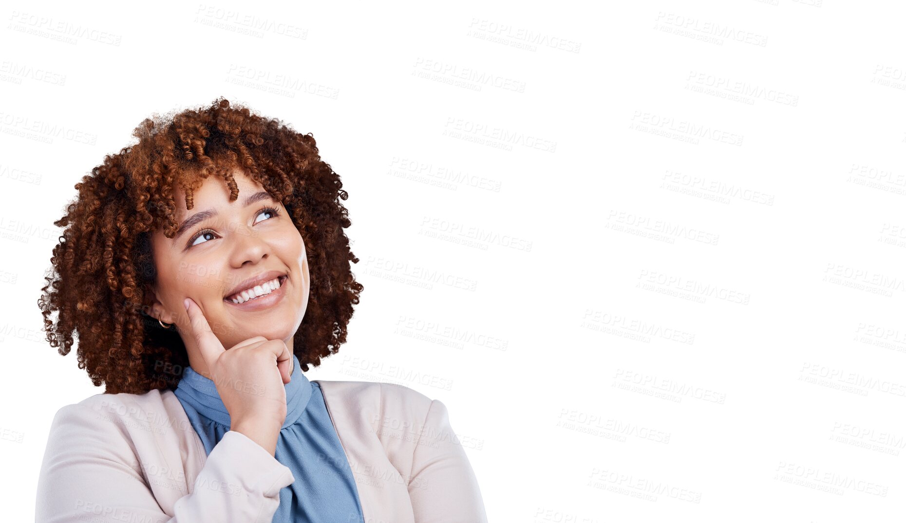 Buy stock photo Business woman, happy and thinking, dream and inspiration with future isolated on png transparent background. Professional ideas, vision and success, female employee and career mindset with goals