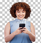 Typing, business and woman with a smile, icons and employee isolated on a transparent background. Png, female person and consultant with a cellphone, hologram or social media with internet connection