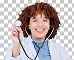 Doctor, stethoscope and portrait of a woman isolated on a transparent, png background for cardiology. Healthcare, cardiologist and female medical worker for health check, heartbeat and wellness