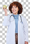 Medical, doctor and thinking with woman and apple on png for wellness, nutrition and diet. Medicine, healthcare and food with person and fruit isolated on transparent background for vegan and detox