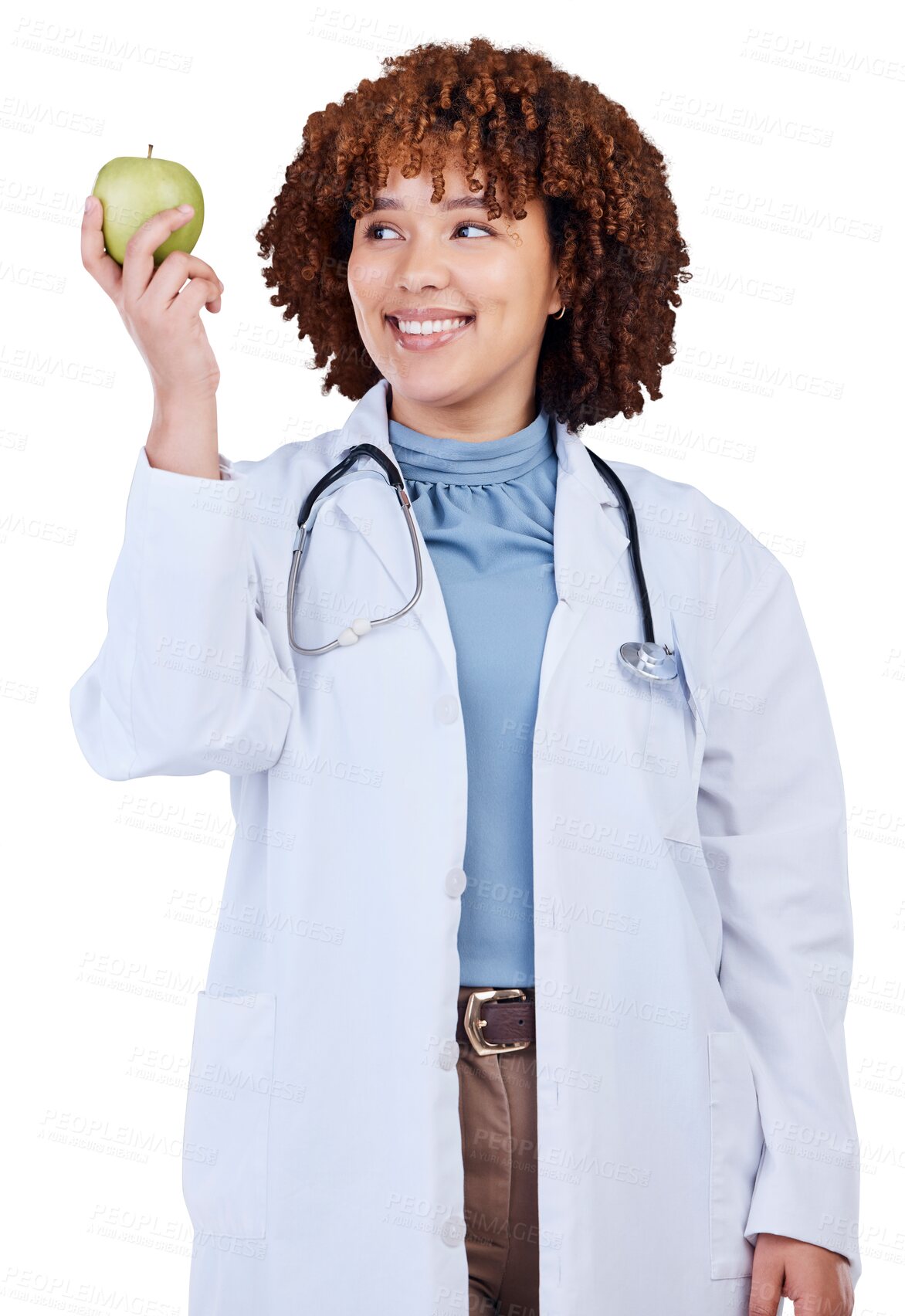 Buy stock photo Medical, doctor and thinking with woman and apple on png for wellness, nutrition and diet. Medicine, healthcare and food with person and fruit isolated on transparent background for vegan and detox