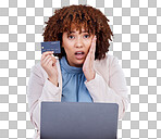 Credit card, laptop and a woman shocked or surprised with online