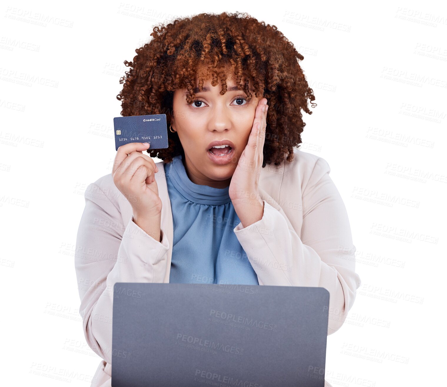 Buy stock photo Credit card, laptop and woman stress, surprised or shocked in online shopping scam or fintech payment problem. Portrait of african person for e commerce mistake isolated on transparent png background