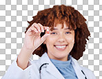 Doctor, medicine or pill in hand of woman isolated on transparent, png background for health. Healthcare, pharmaceutical and african female medical worker show tablet for wellness, treatment or cure